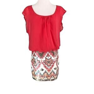 Deb Blouson Dress Above Knee Scoop Neck Cap Flutter Sleeves Size Medium Orange